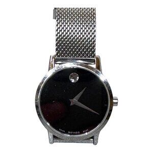 Movado Museum Quartz Black Dial Stainless Steel Ladies Mesh Watch Women Crystal